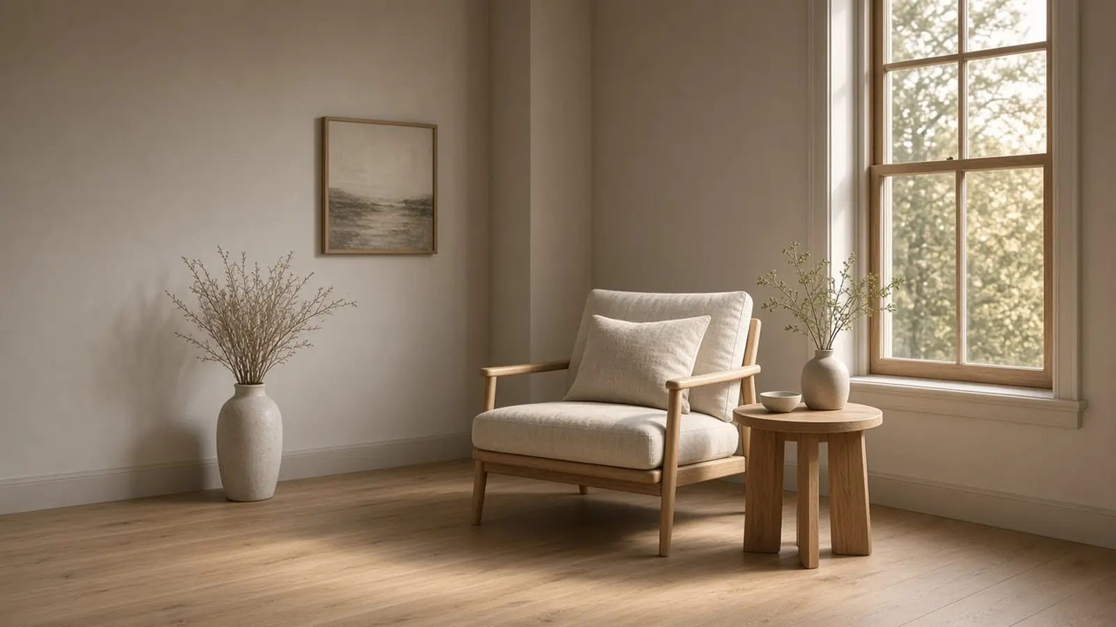 A linen chair and a small oak table in a quiet living room corner by a tall window.