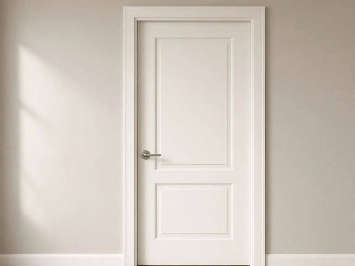 A warm-white two-panel interior door with a satin nickel lever, set in painted casing on a greige wall.