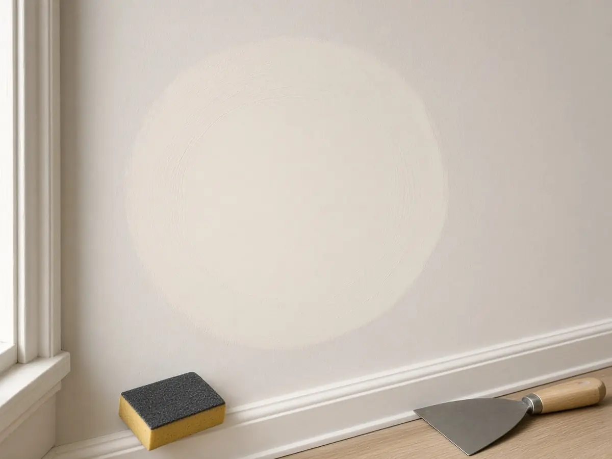 A feathered drywall patch on an interior wall, with a sanding sponge and a taping knife resting near the baseboard.
