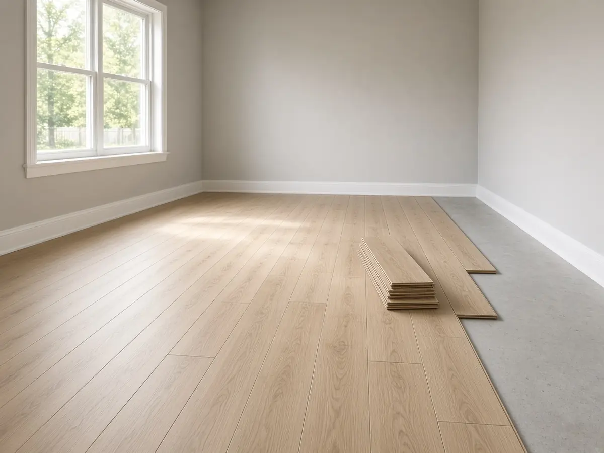 Pale wood-look planks partly installed across a room, with a stack of loose planks and the remaining gray subfloor still visible.