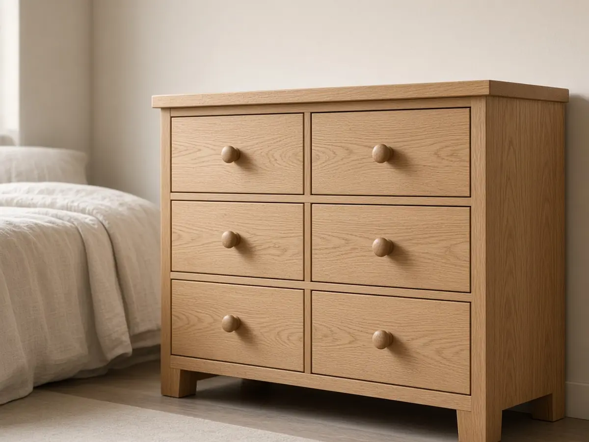 A light oak six-drawer dresser assembled beside a bed with linen bedding.