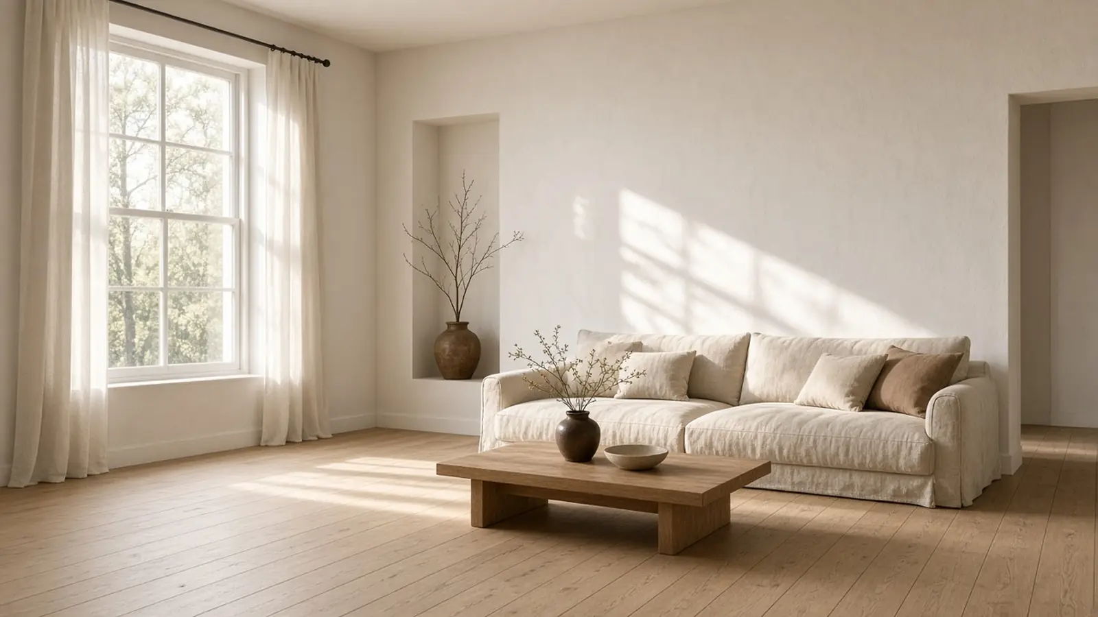 A sunlit living room with a low oak table, a linen sofa, and pale wood flooring.
