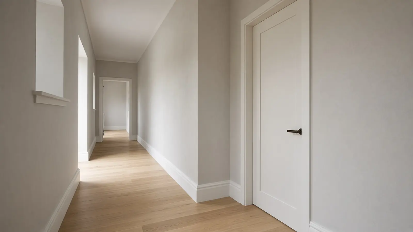 A calm hallway with greige walls, pale oak flooring, white baseboards, and an interior door.