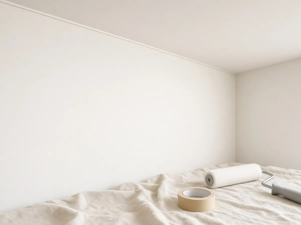 A paint roller and a roll of masking tape on a drop cloth beneath a freshly painted warm-white wall and ceiling.
