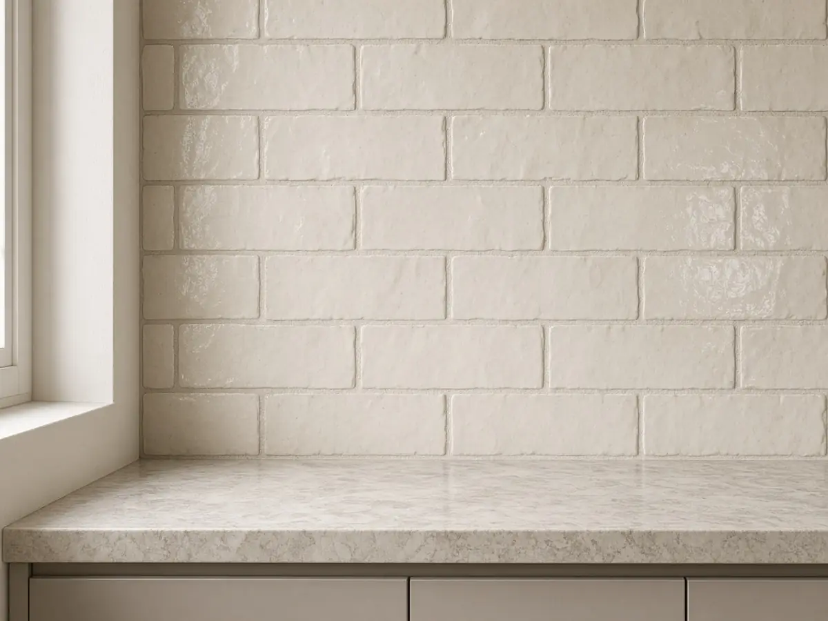 Handmade-look off-white subway tile on a kitchen backsplash above a pale stone countertop.