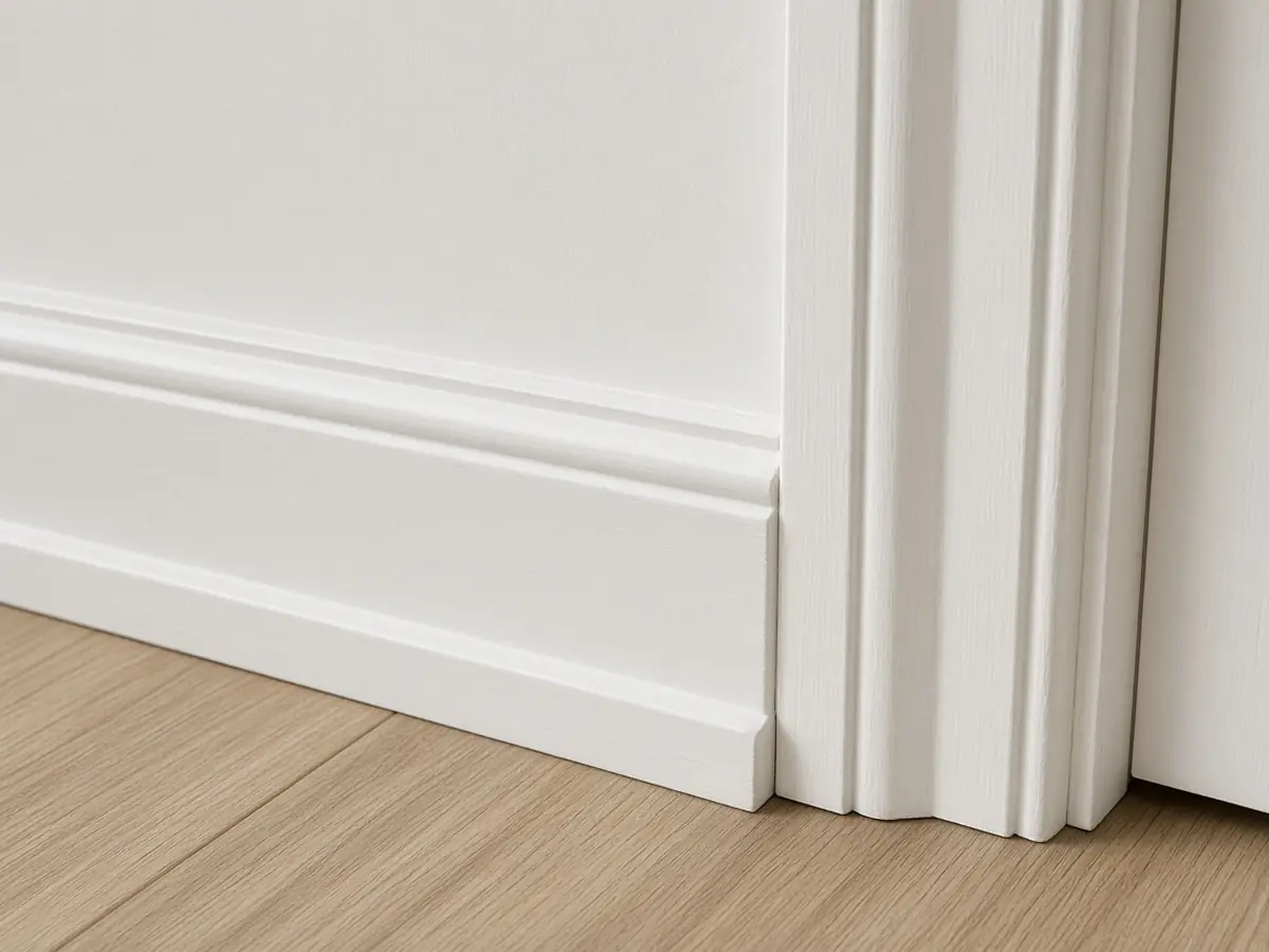 A crisp painted baseboard and door casing meeting a pale oak floor.