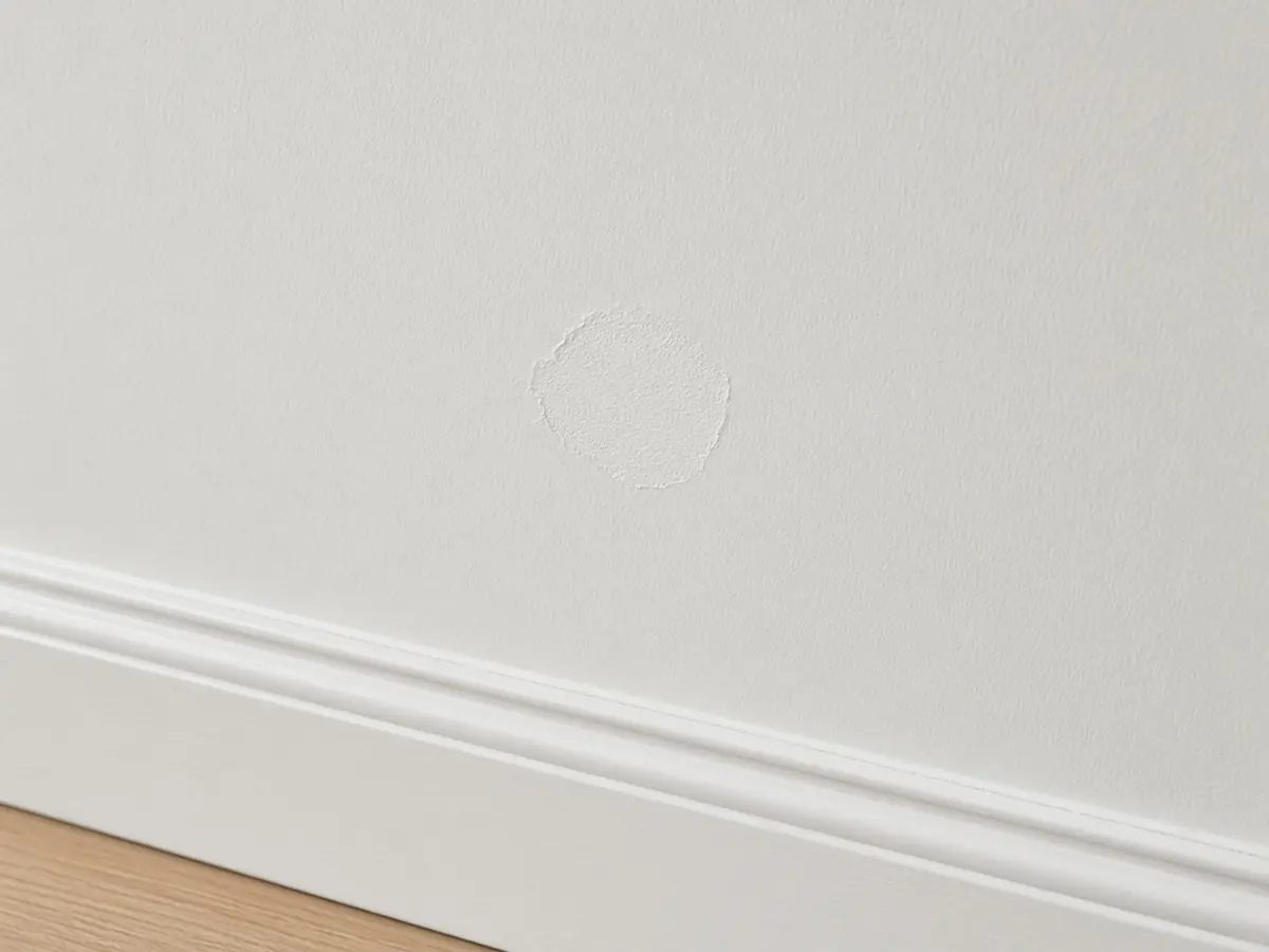 A small repaired patch on a textured white wall directly above a painted baseboard.